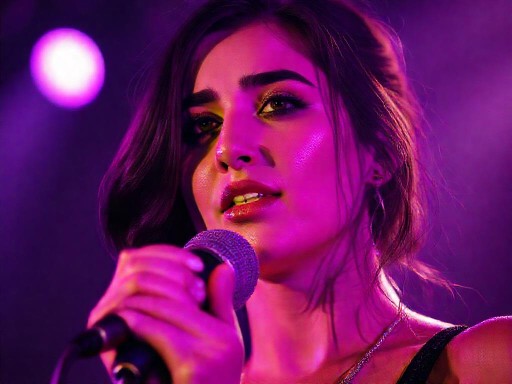 Portrait d'une chanteuse algérienne sous lumière violette