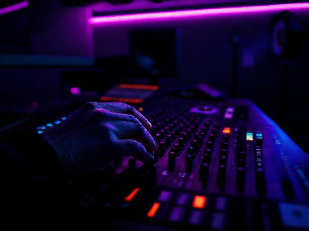 Mains sur une table de mixage en studio, lumière néon violette