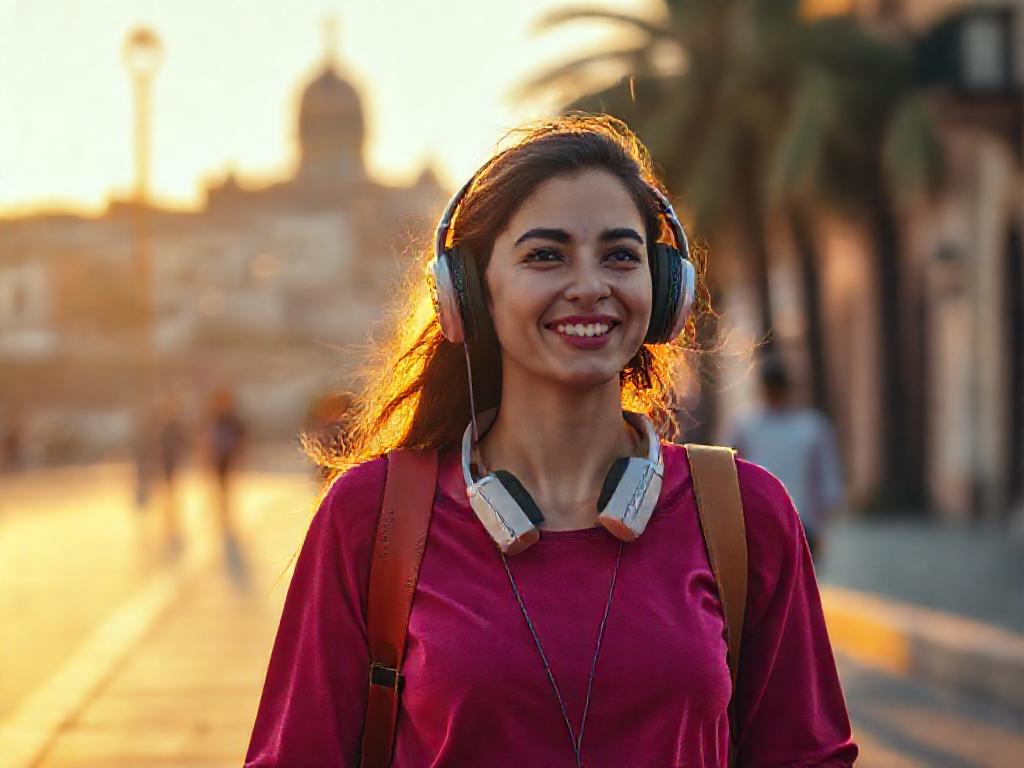 Jeune femme écoutant de la musique dans les rues d'Alger